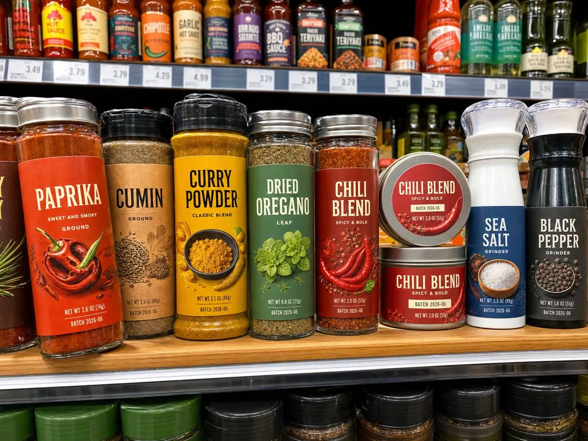 custom spice labels retail shelf collection