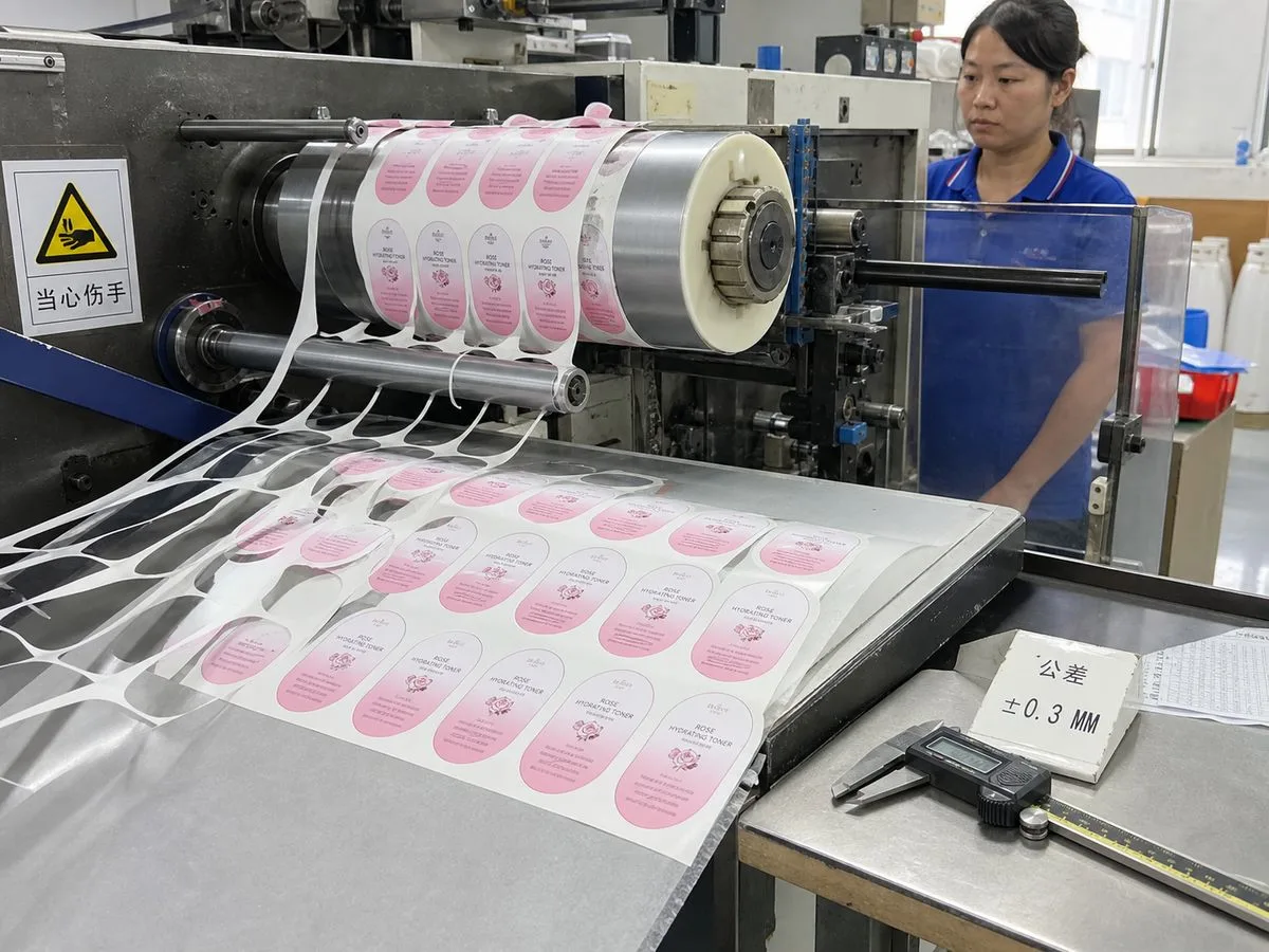Die-cutting station cutting cosmetic label contours