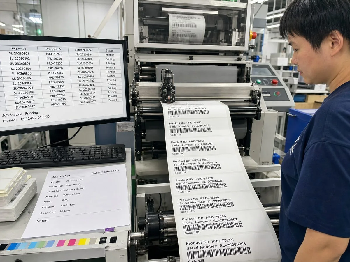 Digital press printing consecutive serialized barcode labels from a data file