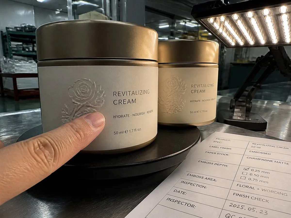 Embossed logo detail on a cream jar label