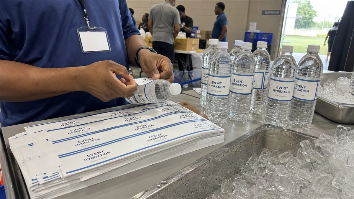 Event staff hand-applying sheet labels to water bottles at venue table