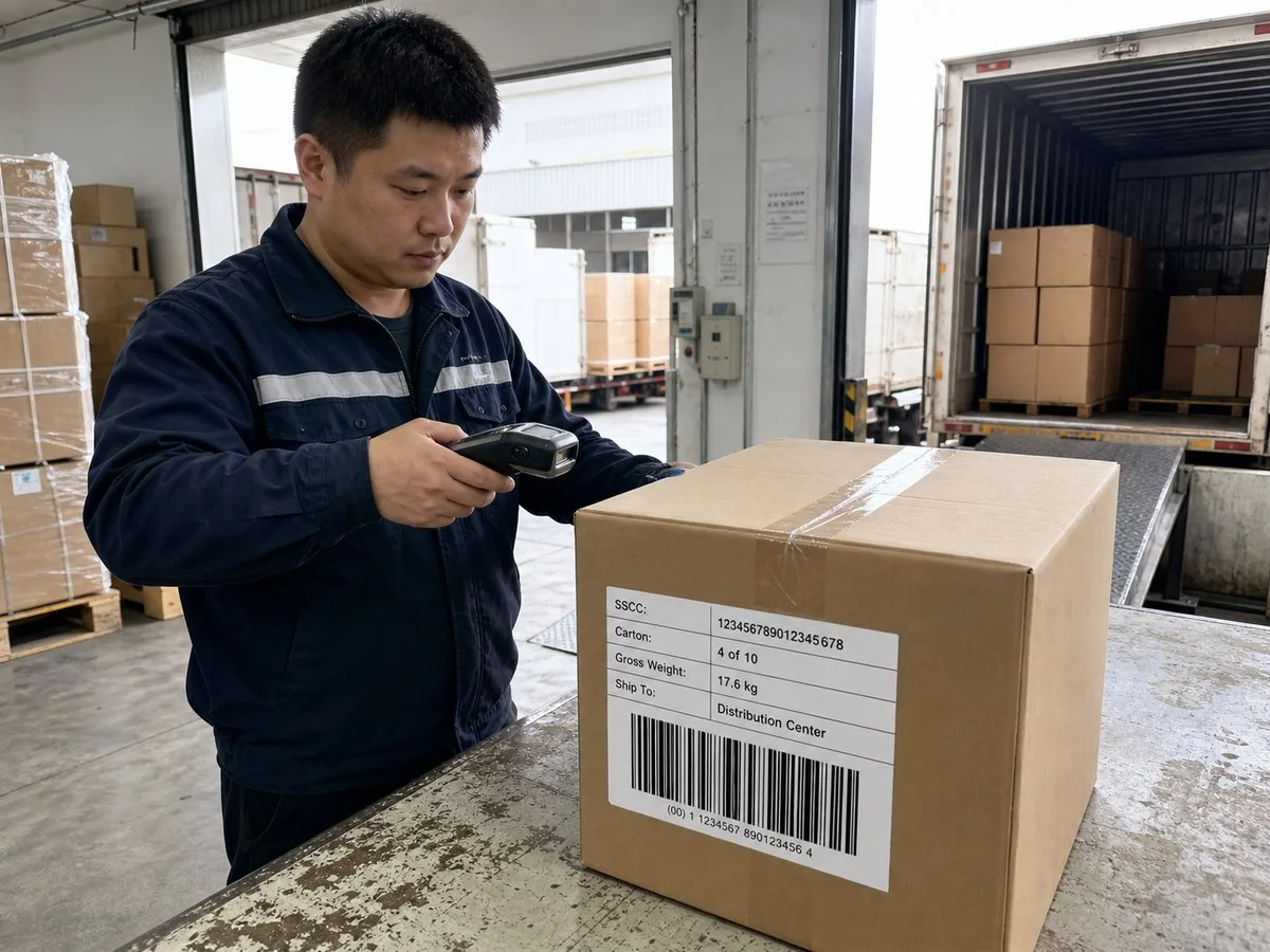 Export carton sealed with a GS1-128 SSCC logistics label