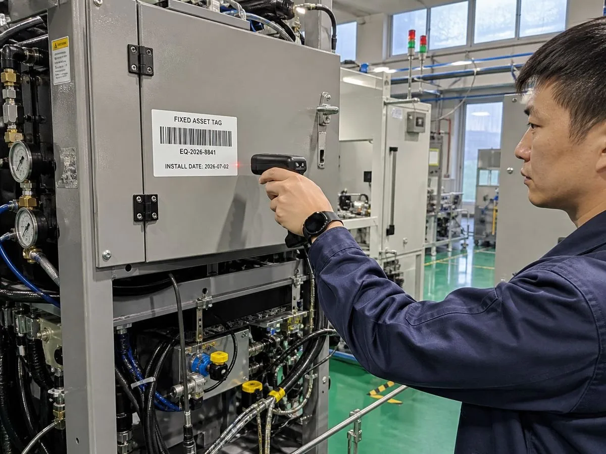 Factory equipment tagged with a serialized asset barcode label