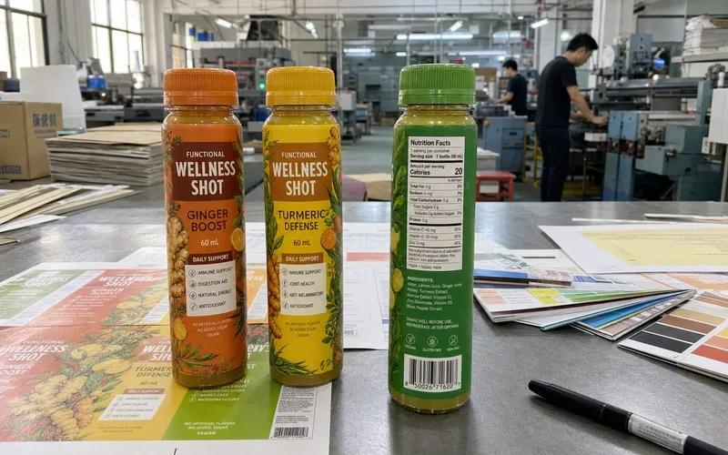 Functional wellness juice shot bottle with shrink sleeve label