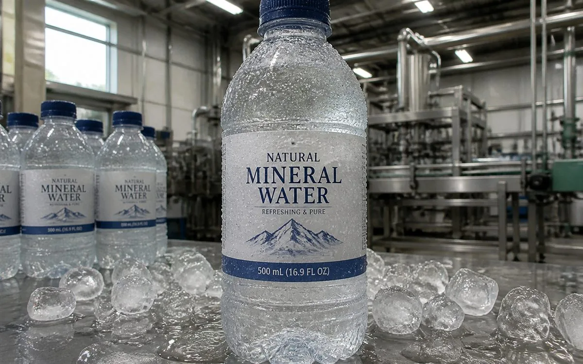 Glass water bottle covered in condensation droplets with label intact