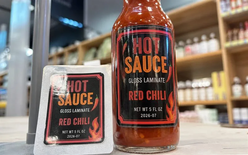Gloss laminate hot sauce bottle under shop light