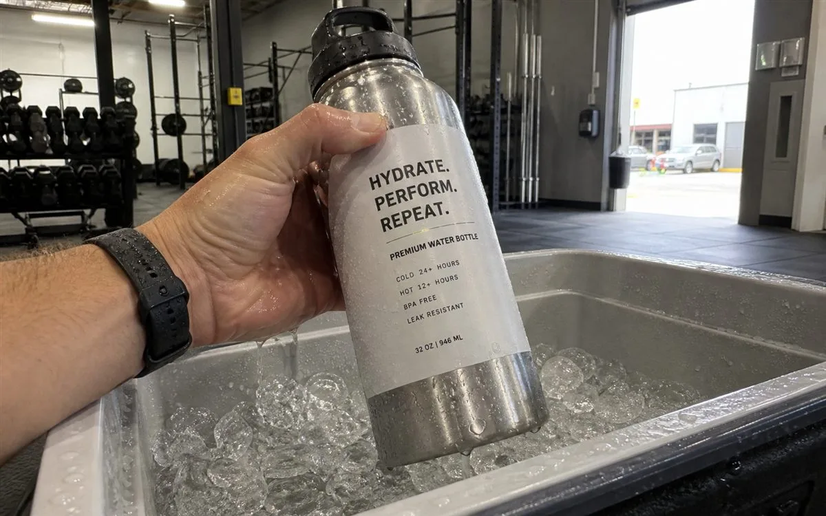 Gym aluminum bottle with durable matte label pulled from cooler