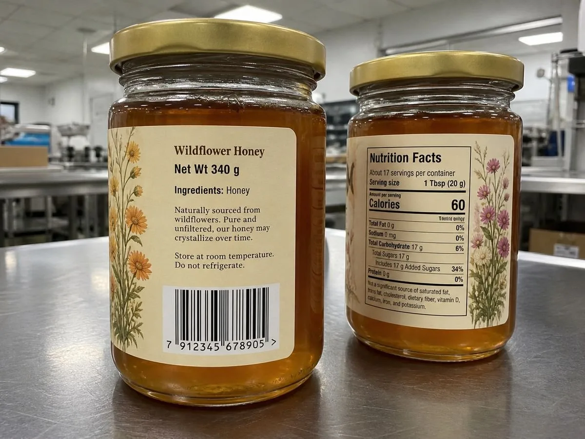 Honey jar product label with EAN-13 barcode placed along the lower back panel
