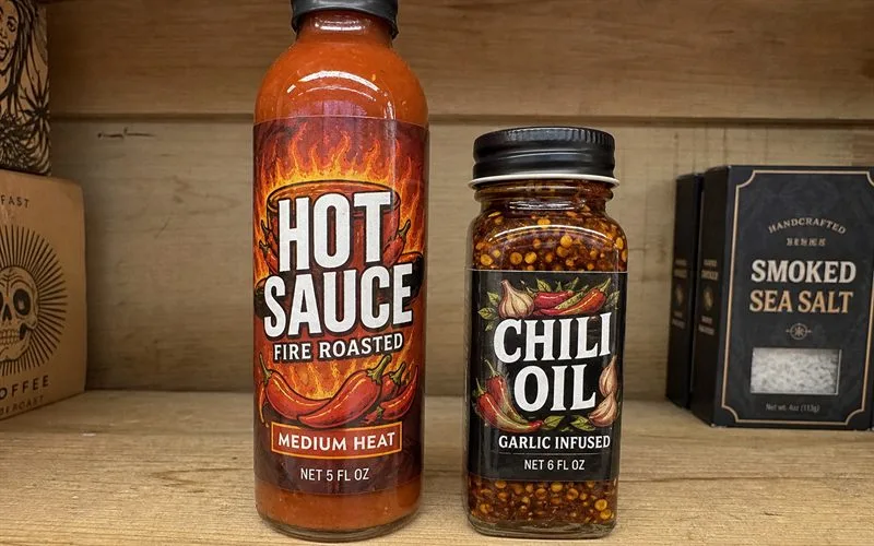 Hot sauce and chili oil bottles