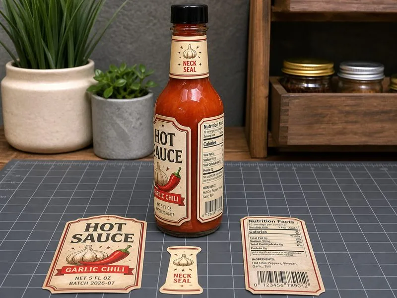 Hot sauce front back and neck label set