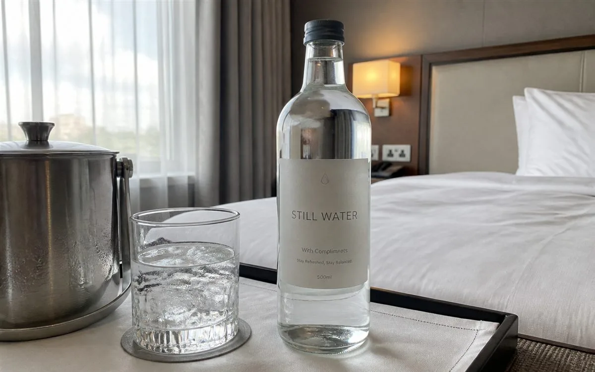Hotel glass water bottle with quiet matte label on room service tray