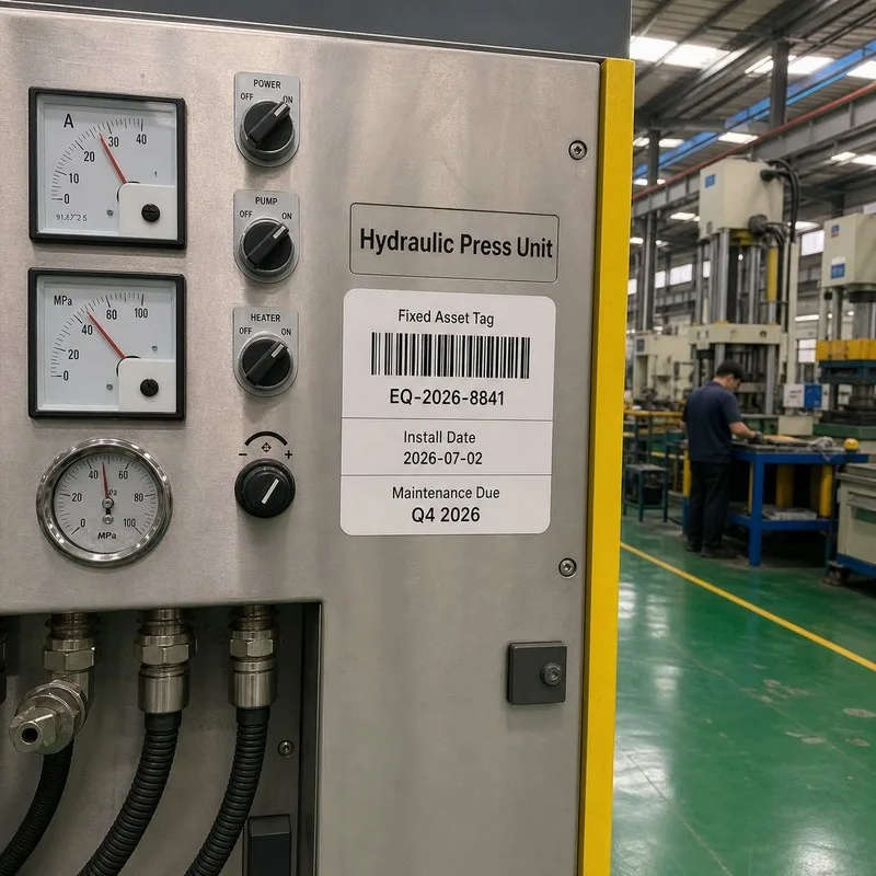 Industrial equipment panel with a serialized asset barcode label