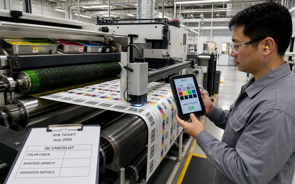 Inline spectrophotometer measuring color on a running label press