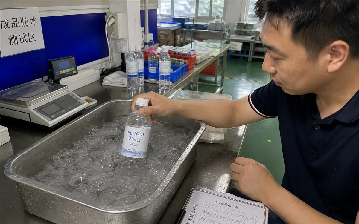 Inspector pulling sample label into ice water bath at release check