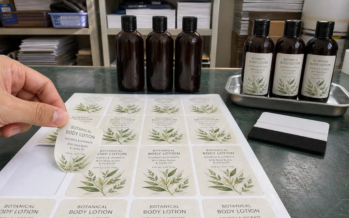 Kiss-cut label sheets peeled by hand at a workbench