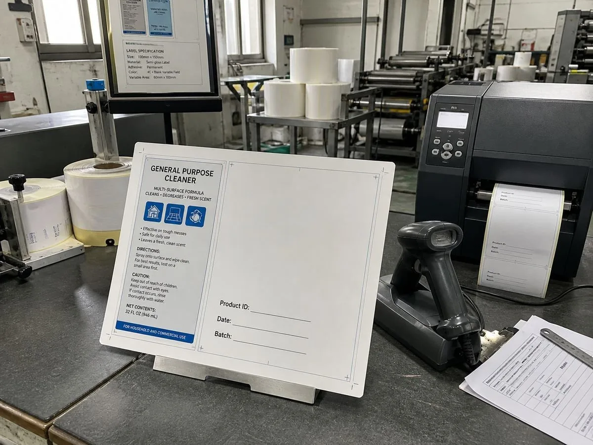Label base with printed brand area and a blank variable field reserved for on-site printing