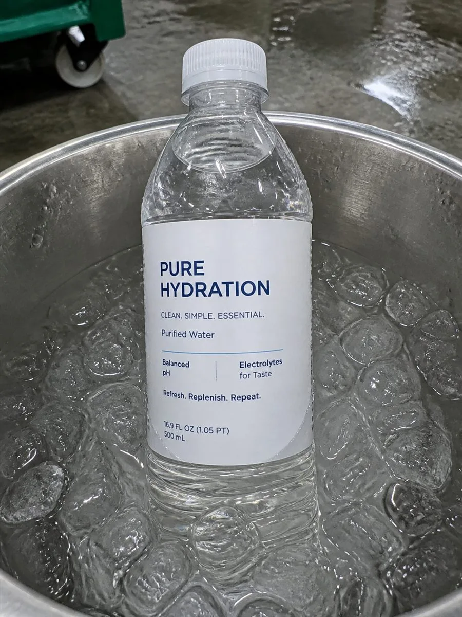 Labeled water bottle submerged in ice bucket after four hours with edges intact