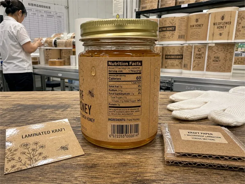 Laminated kraft nutrition label honey jar