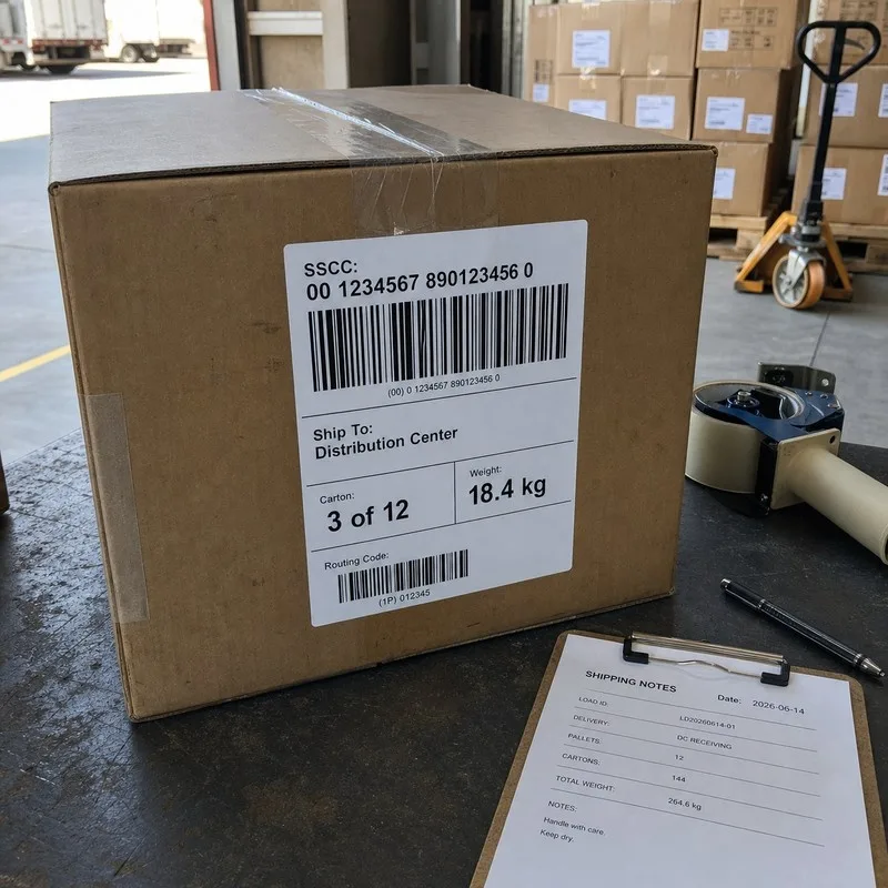 Logistics carton with a GS1-128 SSCC shipping barcode label