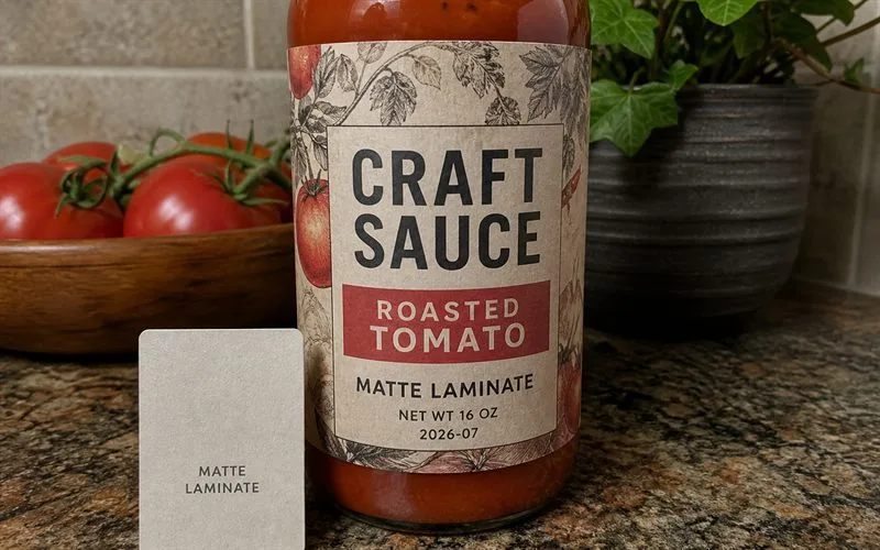 Matte laminate craft sauce label with soft sheen