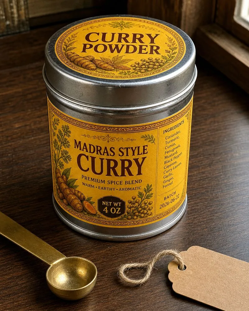 metal tin curry powder spice labels