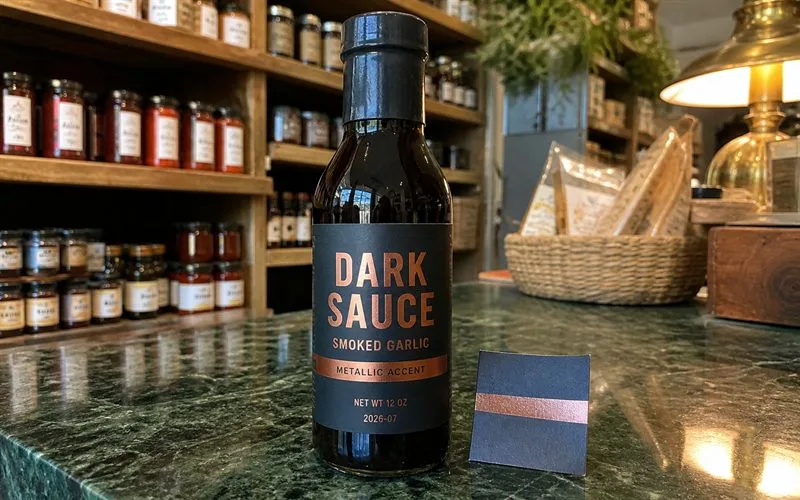Metallic foil accents on dark sauce label