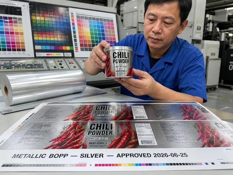 metallic silver bopp chili powder label