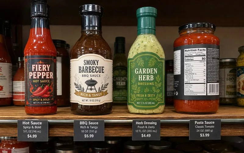 Multi-flavor sauce lineup on shelf