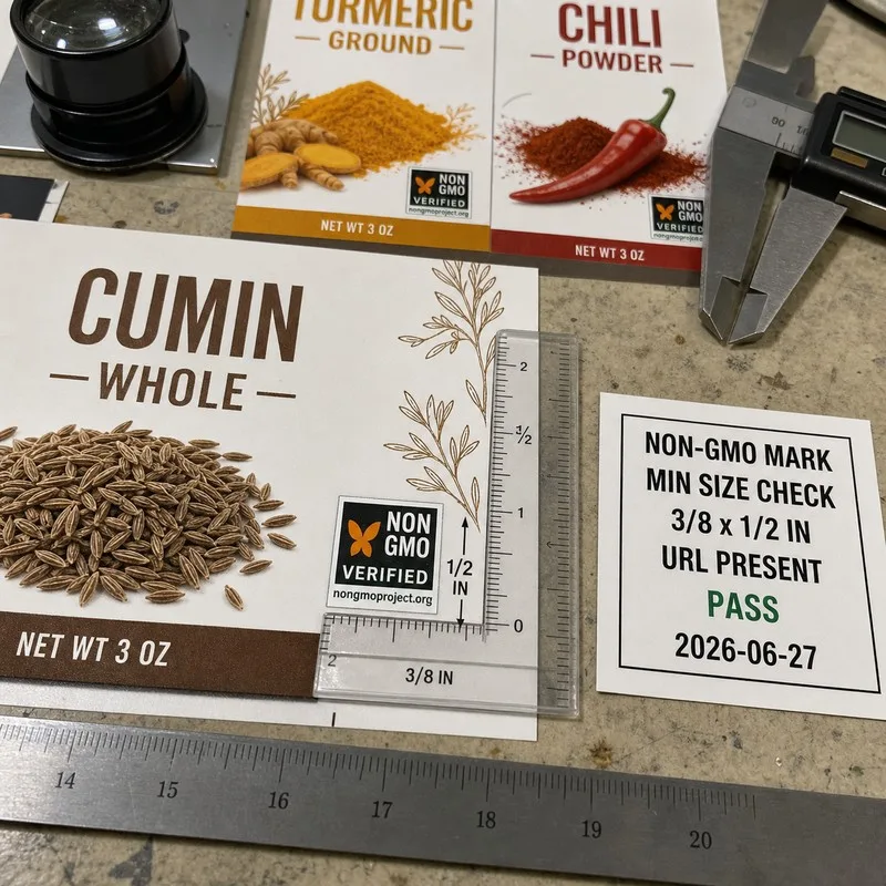 non GMO verified mark minimum size spice label
