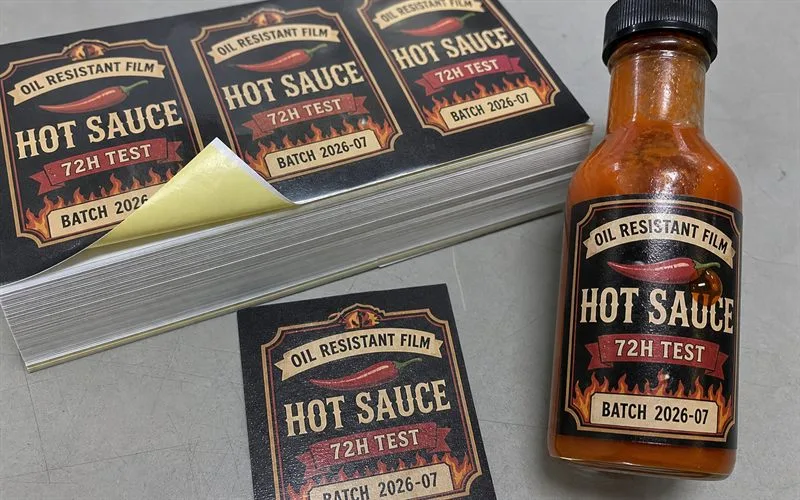 Oily hot sauce bottle with film label