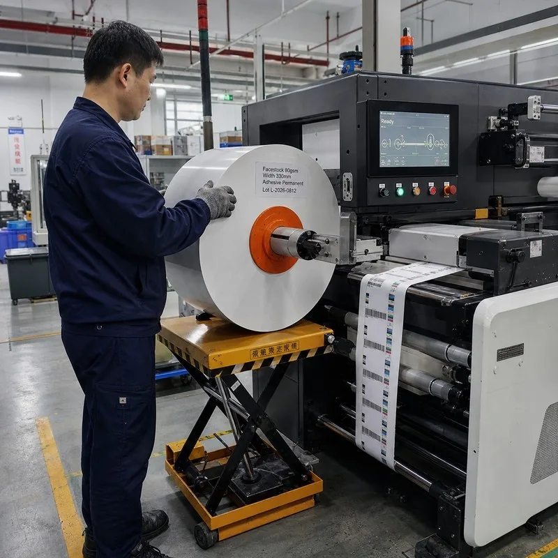 Operator loading roll stock onto a digital label press