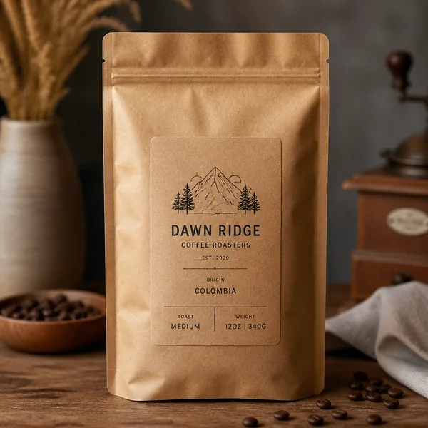 Custom kraft paper labels on artisan coffee bags