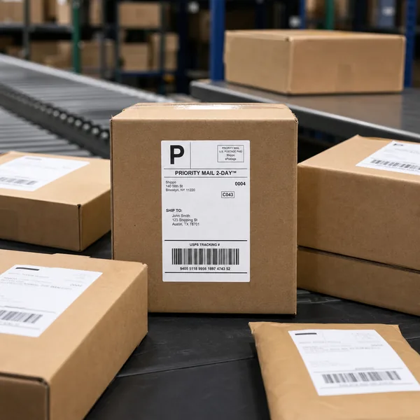 Direct thermal paper shipping labels on warehouse parcels