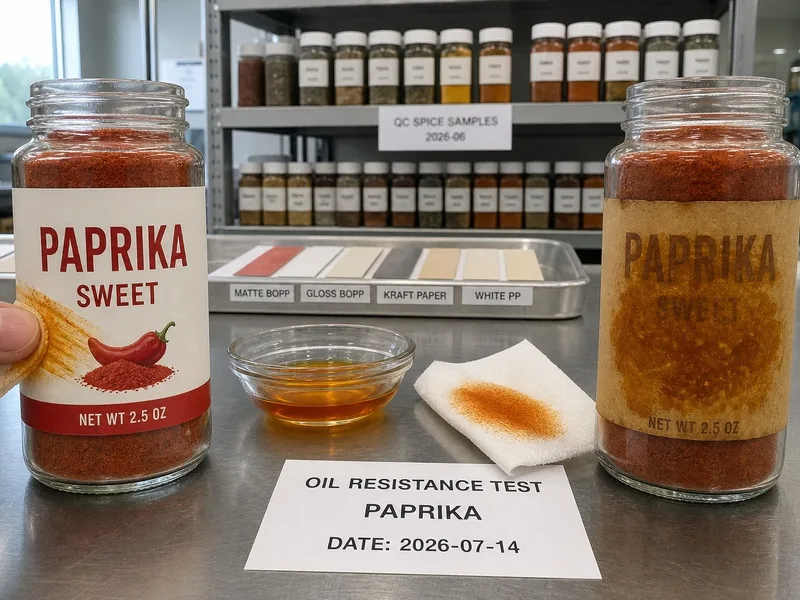 paprika oil test BOPP vs kraft spice labels comparison