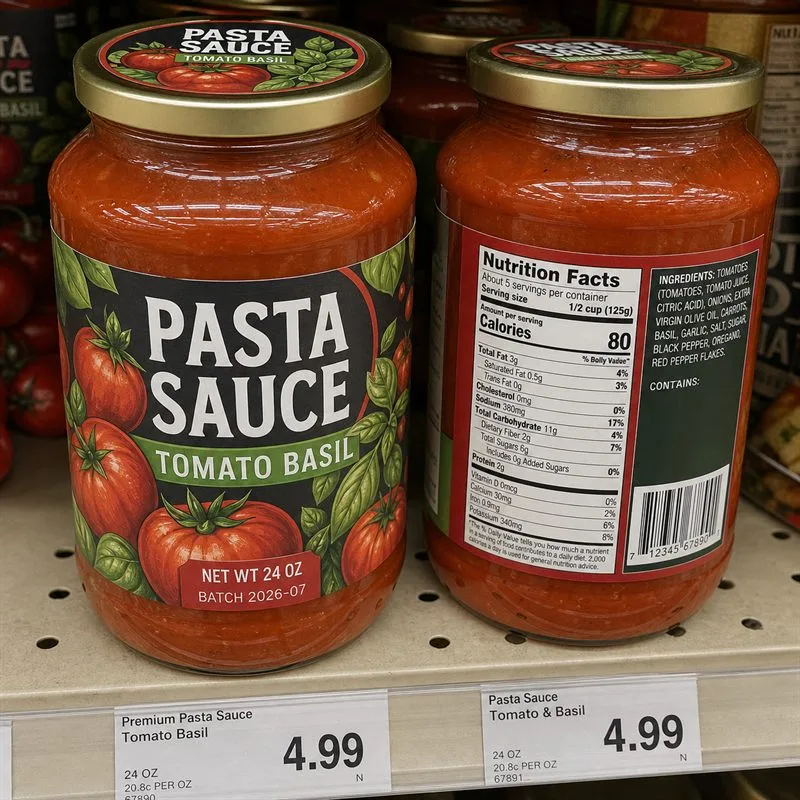 Pasta sauce jar with front and lid labels