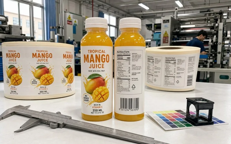 Plastic PET single-serve juice bottle with white BOPP label