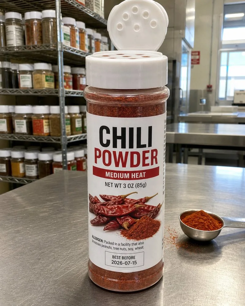 plastic shaker chili powder spice label