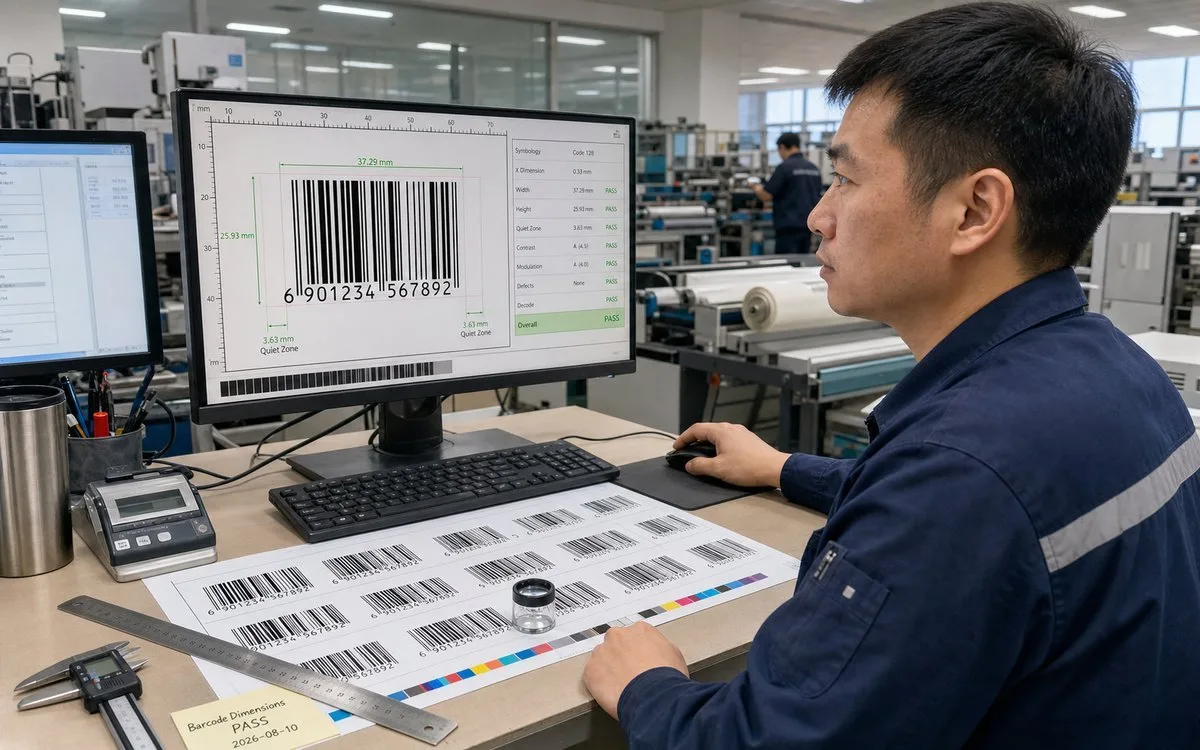 Prepress engineer checking barcode artwork dimensions on a calibrated screen