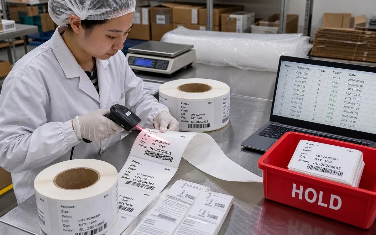 QC operator scan-checking finished barcode labels before packing