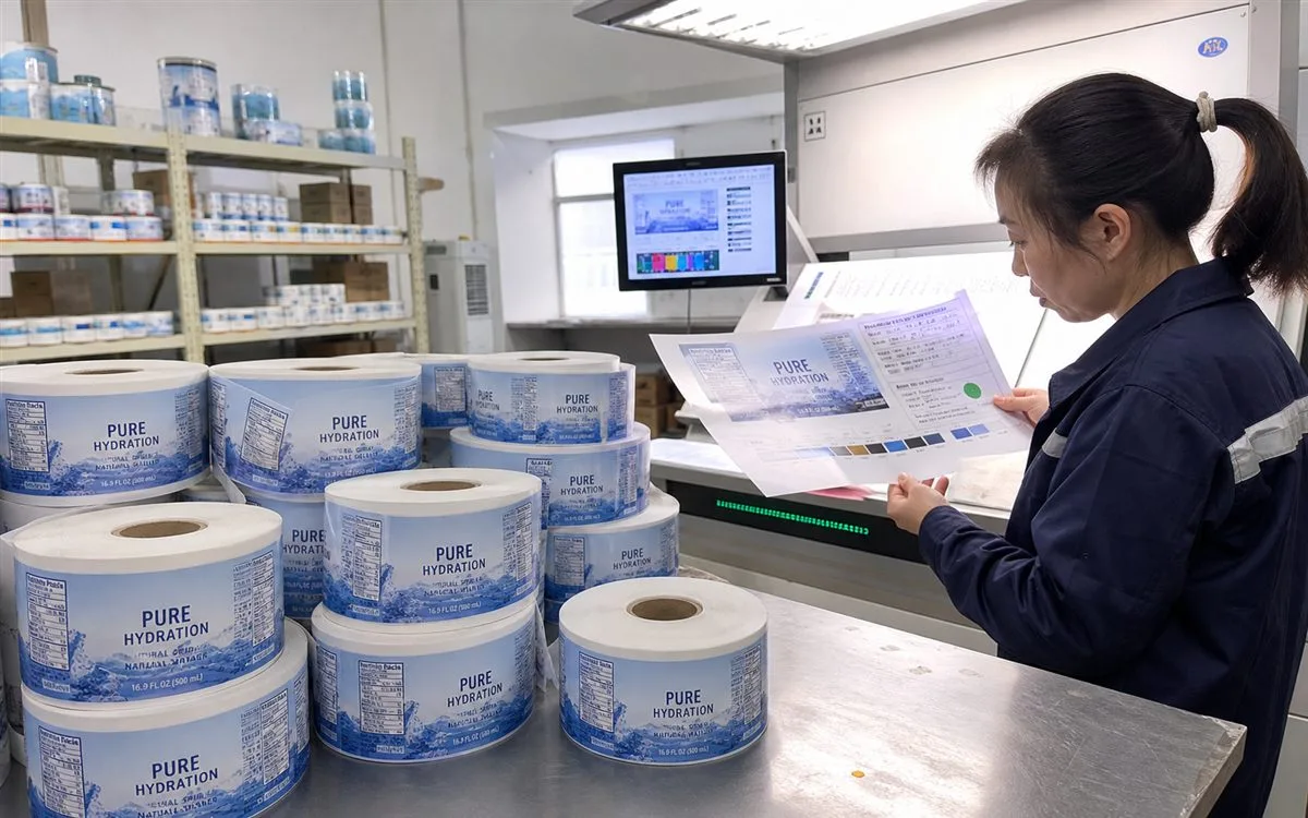 QC specialist reading optical scan report beside label rolls