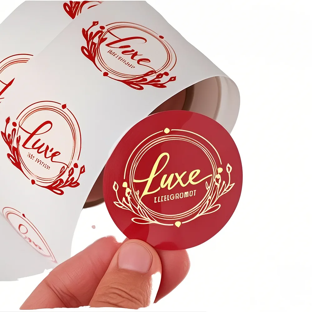 Red Round Vinyl Labels Being Peeled