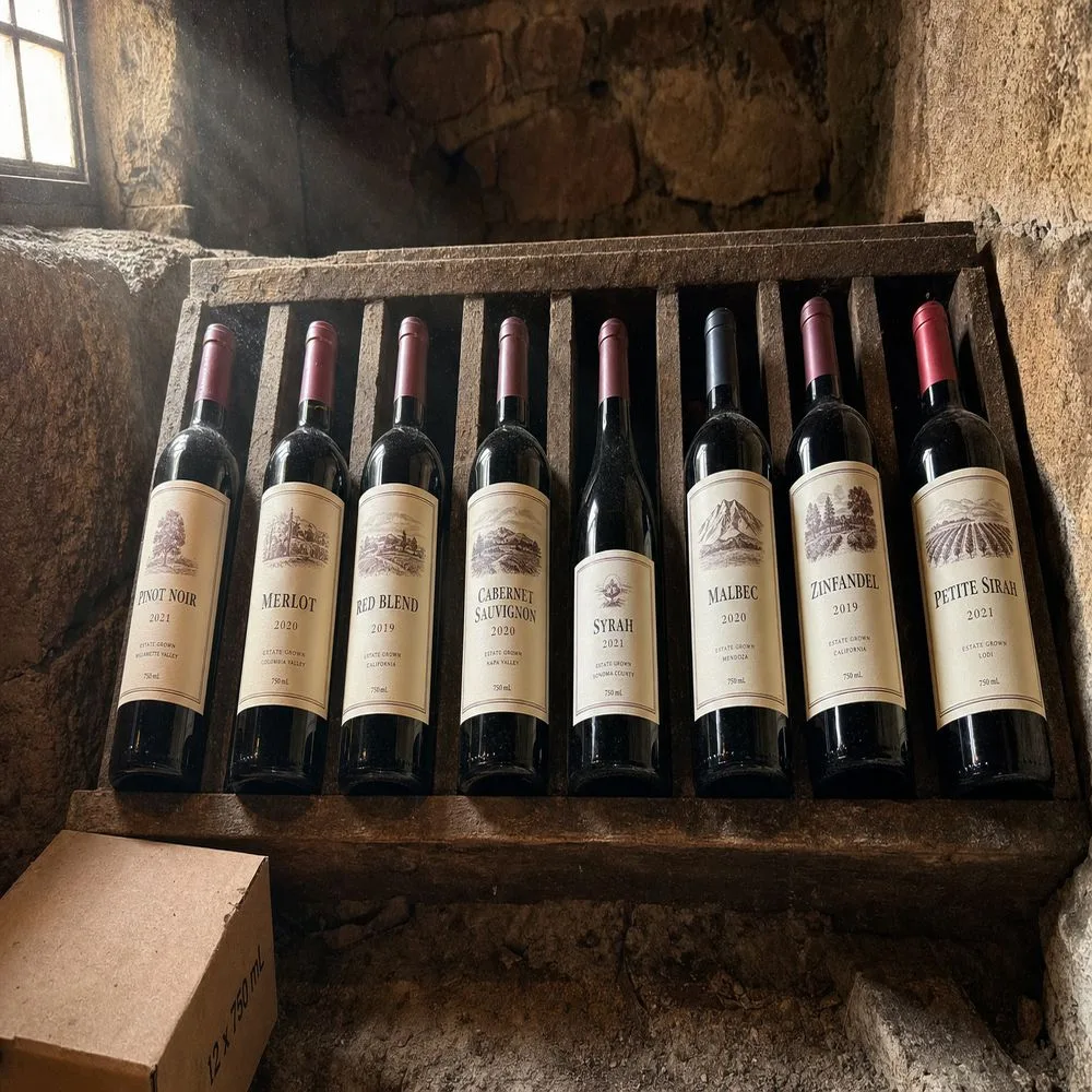 Red wine bottle labels cellar storage