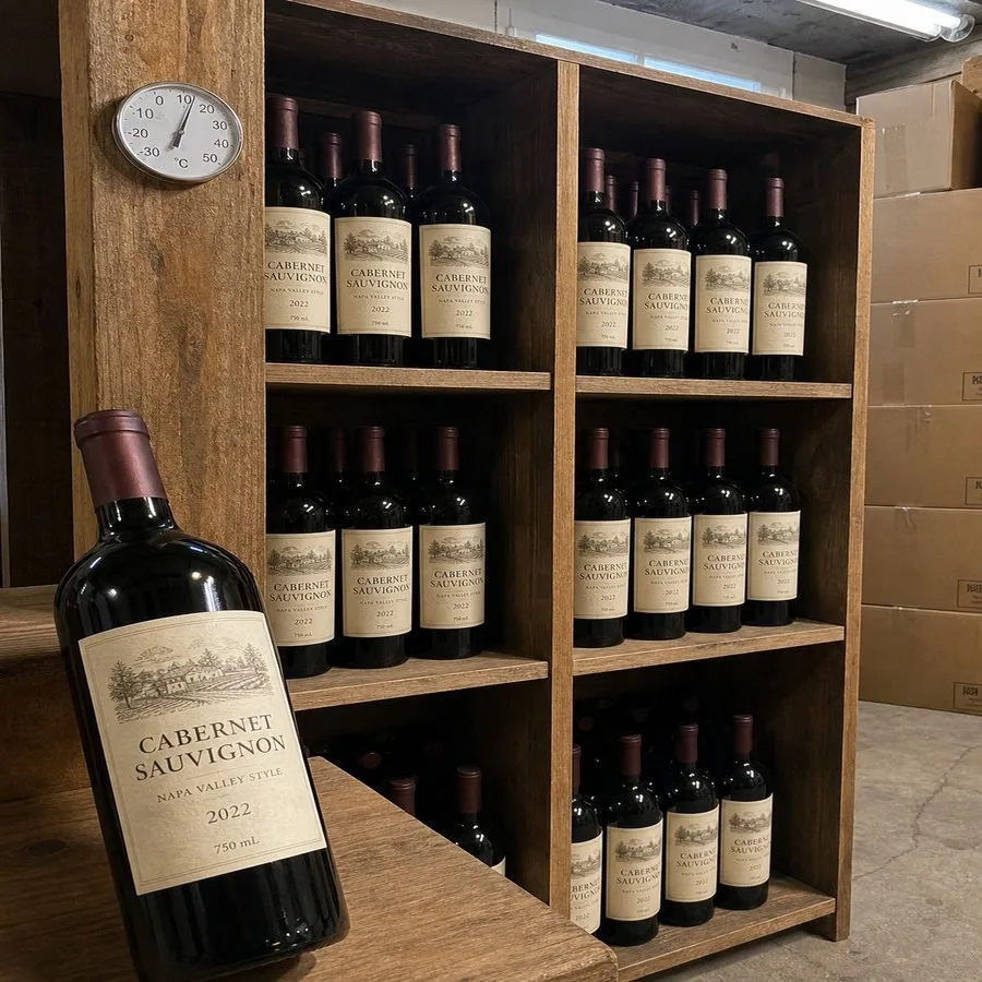 Red wine labels cellar temperature racks