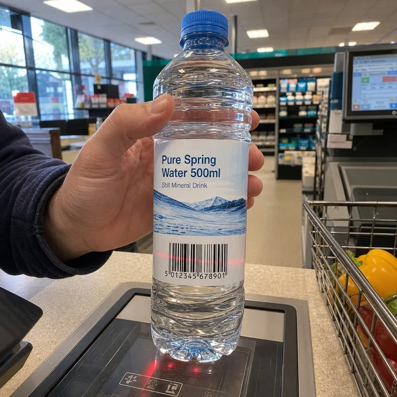 Retail product bottle with a printed EAN-13 barcode label at checkout