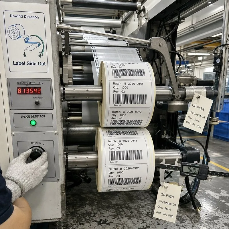 Rewinding machine verifying unwind direction and core on finished label rolls