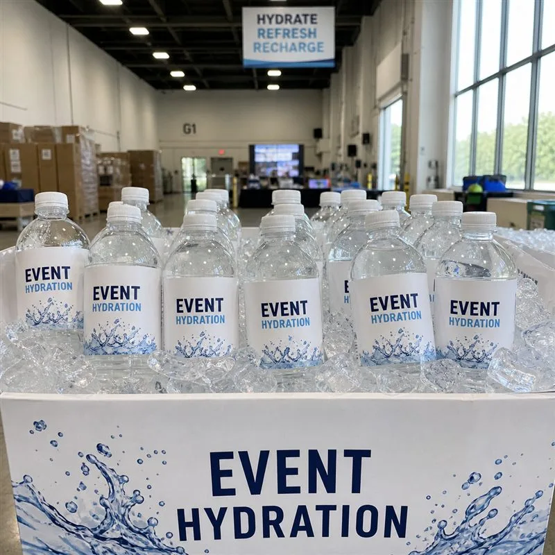 Row of mini 8 oz event water bottles with branded wrap labels in display tray