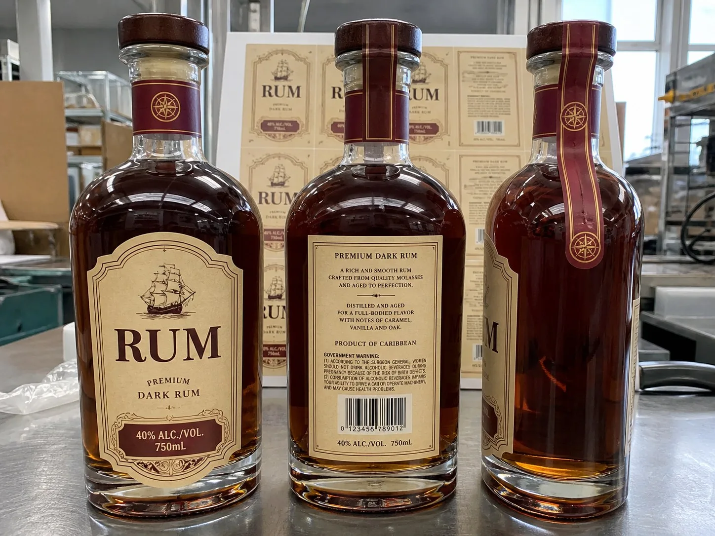rum decanter front back neck labels