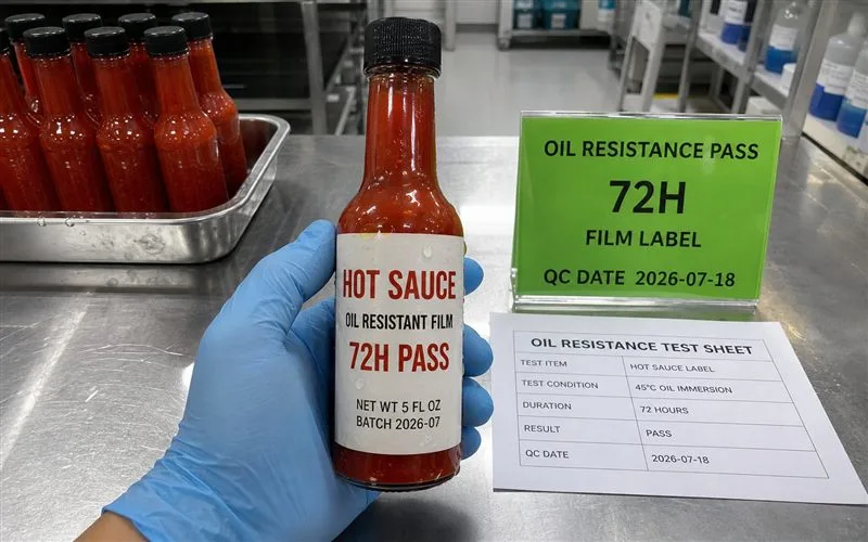 Sauce label after 72 hour oil resistance check