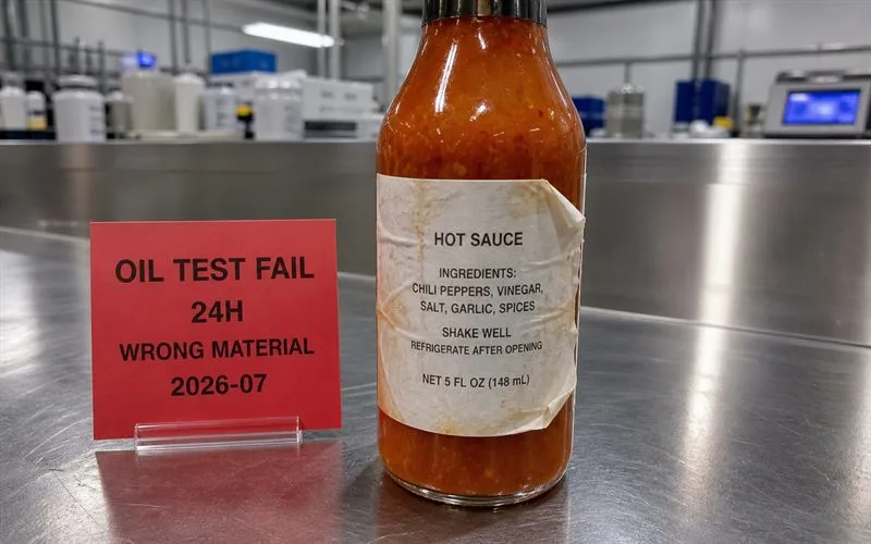 Sauce label failure with oil edge lift and ink darkening