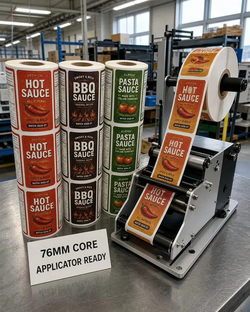 Finished sauce label rolls on cores ready for applicator
